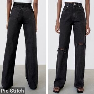 Zara Black Ripped Wide Leg Jeans